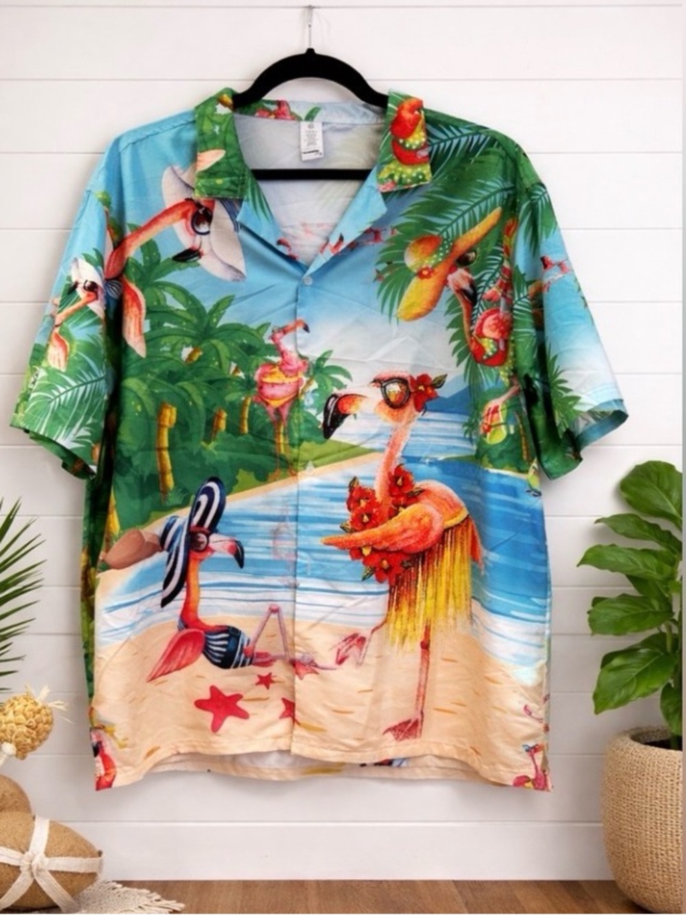 π¦©π΄π Menβs Tropical Flamingo Hawaiian Shirt XL Beach Vacation Button Up - Picture 2 of 4